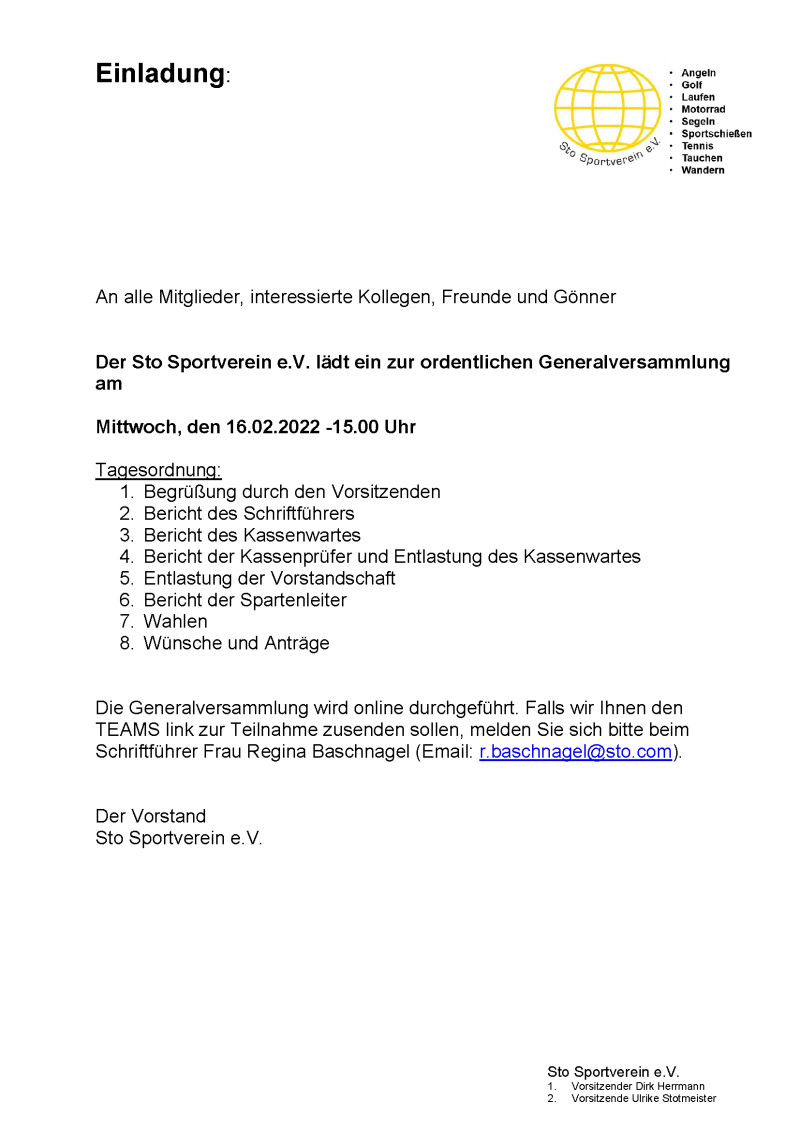 Einladung Generalversammlug Sto Sportverein e.V. am 16.02.2022