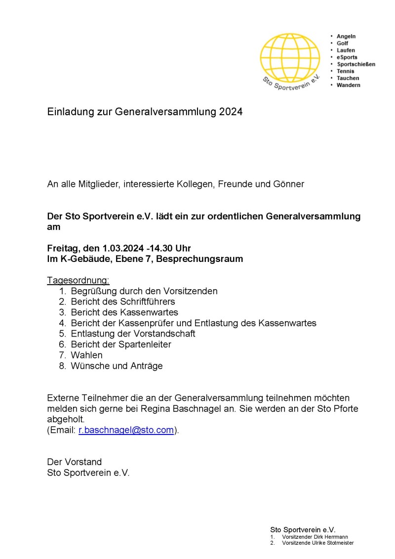 Einladung zur Generalversammlung des Sto Sportvereins e.V.