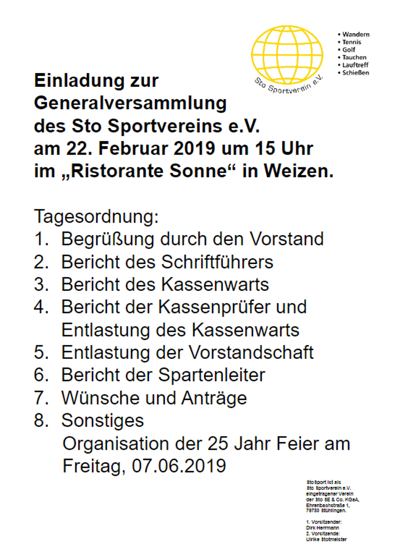 Einladung zur Generalversammlung des Sto Sportvereins e.V. 2019