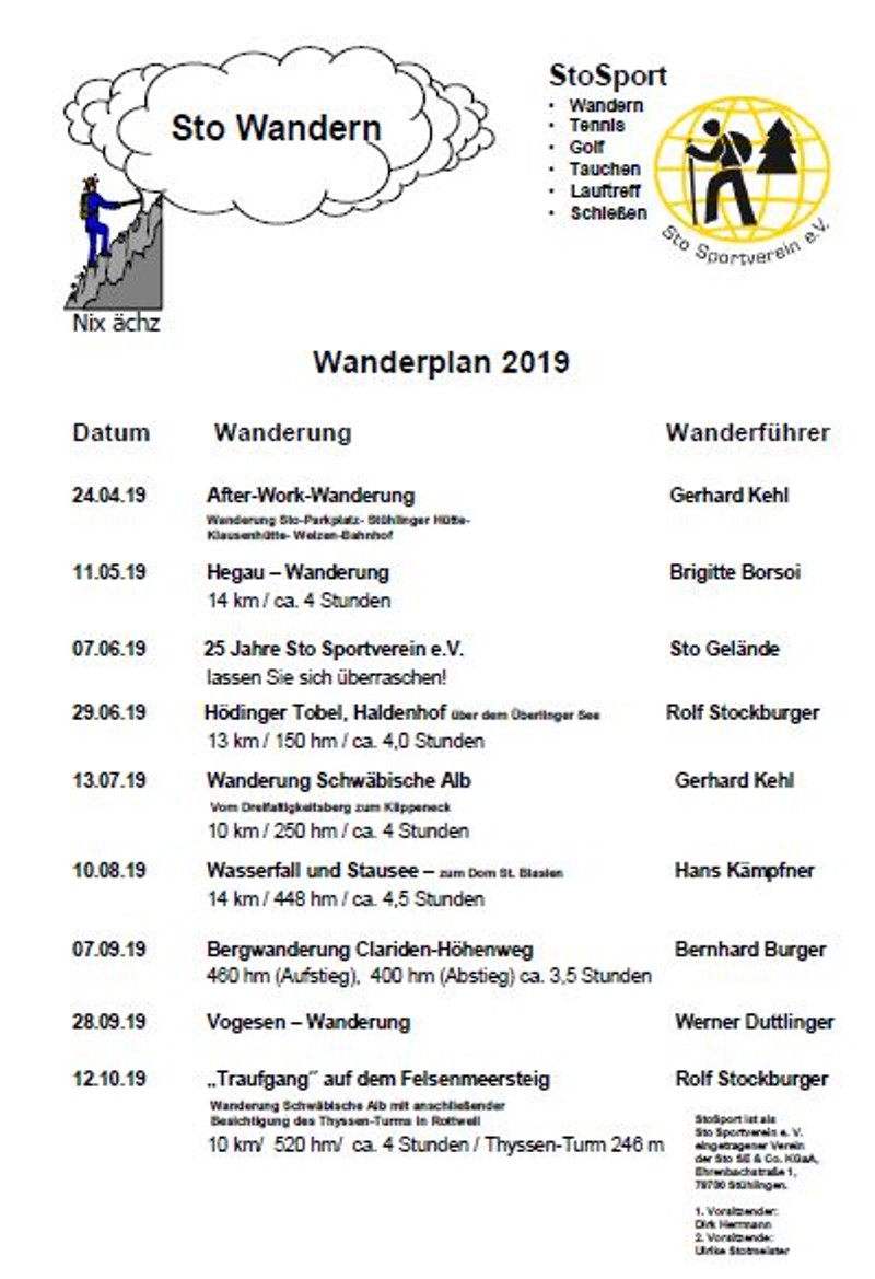 Sto Sportverein e.V - DER NEUE WANDERPLAN 2019 - ist da